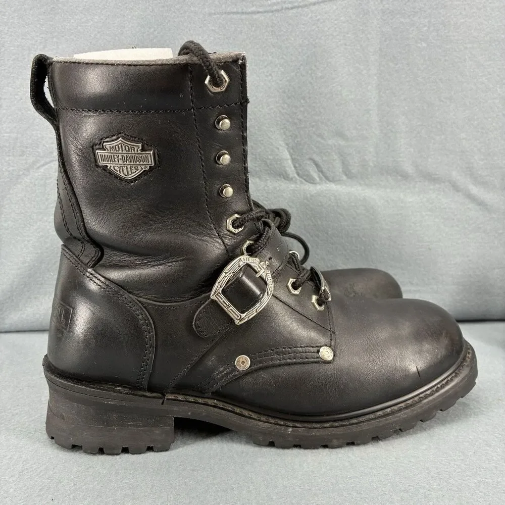 Harley Davidson Men’s Black Leather Motorcycle Biker Boots Size 9 Buckle Lace